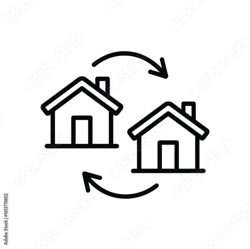House exchange icon with arrows representing property swapping and real estate transaction in a simple line drawing style