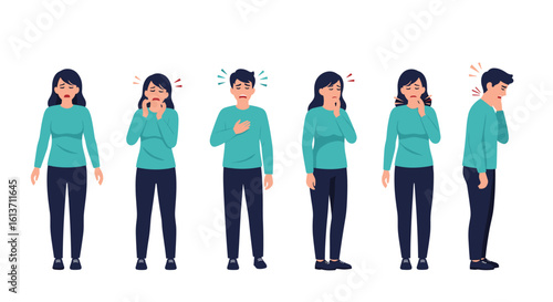 Diverse people expressing various symptoms of sickness and discomfort with animated expressions
