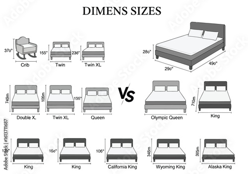 Vector art of bed size dimensions chart for different mattress types