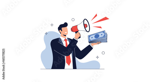 Business man with megaphone announcing financial success and opportunities for wealth creation