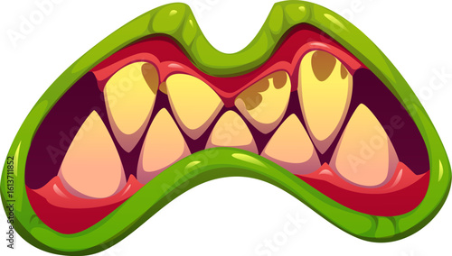 Halloween scary monster jaw with clenched teeth. Scary beast or creepy monster isolated cartoon vector jaw sharp fangs, horror creature, evil reptile animal roaring maw with green lips and dirty teeth