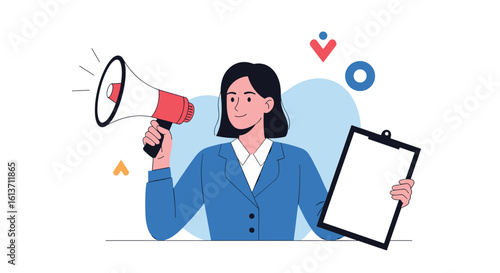 Announcing important information with a megaphone and clipboard professional