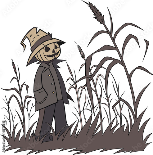 A cartoon farmer with a cane and crop stands in a verdant field with bamboo and floral elements under a clear sky