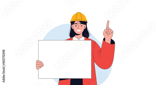 Construction worker proudly presents a blank white board for your important messages and announcements
