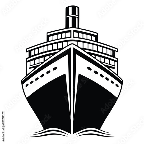 Black silhouette of a cruise ship with white accents on a white background boat vessel