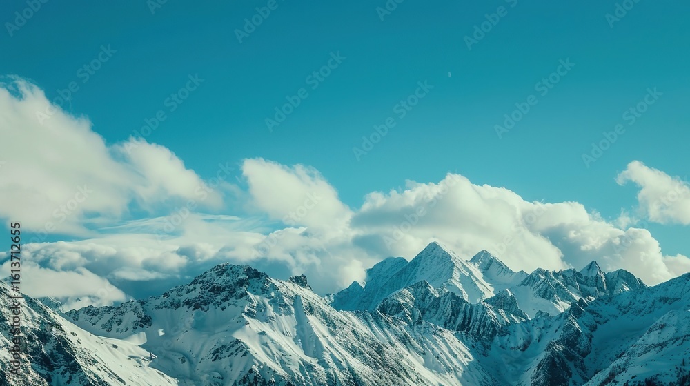 Obraz premium Scenery of the Blue Snow Mountain Range,panoramic view of the Alps—Towering Peaks in Azure Tones, Snow-Capped Summits & Vast Landscapes, Nature’s Breathtaking Alpine Canvas.