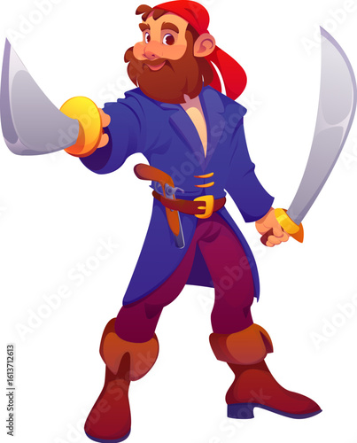 Pirate ship crew cartoon character of corsair with saber swords and musket gun, vector personage. Caribbean pirate crew character of corsair boatswain or filibuster skipper in bandana with swords