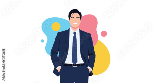 Professional business person standing confidently with colorful abstract shapes background represents success and modernity