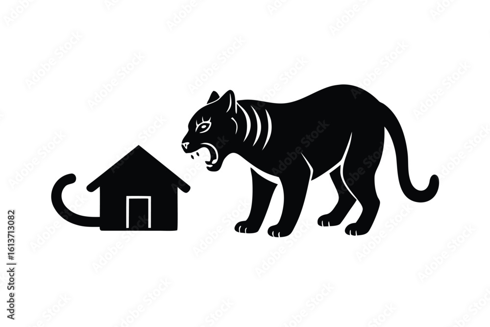 Obraz premium Tiger Hissing at a Small House Cat Near its Paw Illustration