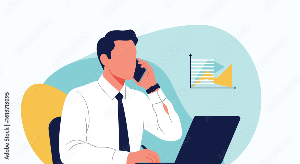 Professional man in a suit on the phone with a laptop and a business graph on a light blue background with abstract shapes Professional man in a suit on the phone with a laptop and a business graph on a light blue background with abstract shapes