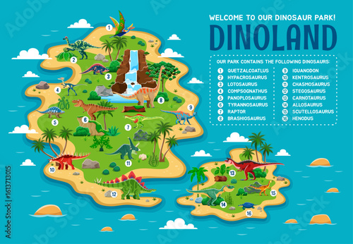 Dino park island map for prehistoric museum or kids paleontology game, vector infographics. Jurassic dinosaurs park island map with prehistoric lizards, reptiles and dino animals species information