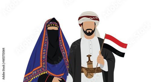 Traditional yemeni couple demonstrating national pride holding a waving flag representing their countrys heritage and culture