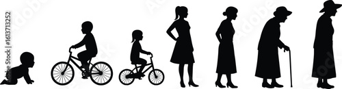 Silhouettes depicting female life stages from crawling baby, children on bicycles, young woman, middle-aged woman, to elderly women with canes and hats.