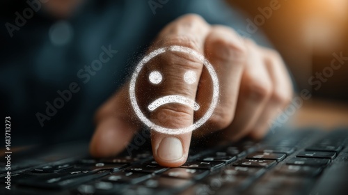 A human hand typing on a keyboard with a sad emoji overlay on the index finger,
