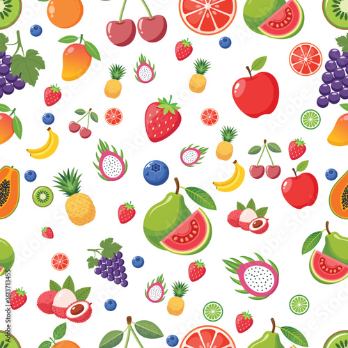 Vibrant Fruit Pattern- A Colorful and Healthy Mix of Tropical and Common Fruits.