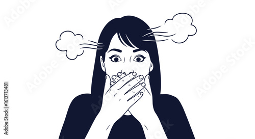 Shocked young woman covering mouth with hands expressing surprise and amazement with steam coming from her head