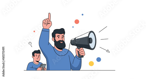 Illustration of a man with a beard holding a megaphone and pointing his finger upwards with another person looking at their phone in the background