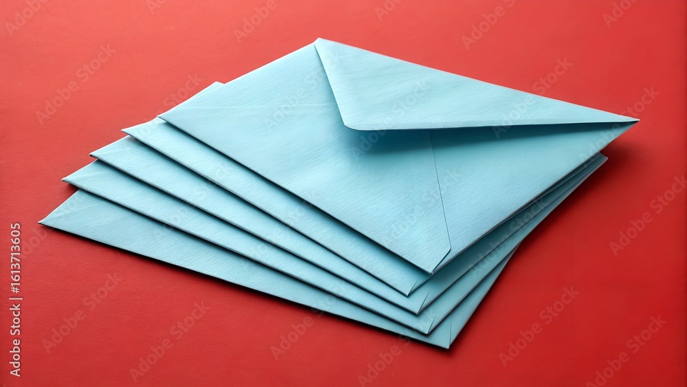 A clean stack of several light blue envelopes rests layered on a vivid red background, showing their subtle texture. A clean stack of several light blue envelopes rests layered on a vivid red background, showing their subtle texture.