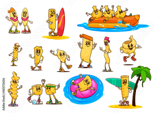 Cartoon groovy Italian pasta characters on summer vacation. Funny macaroni personages in beach surfing, rafting, relaxing on inflatable ring, playing football. Vector retro comic food noodles set