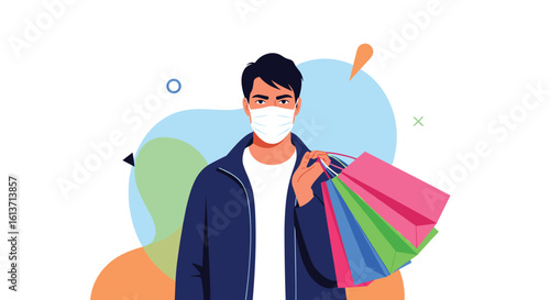 Man wearing a protective mask holding shopping bags during a global health crisis impacting commerce and retail experiences