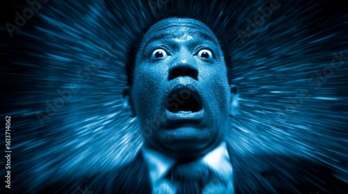 Close-up of a shocked face with wide eyes and open mouth,