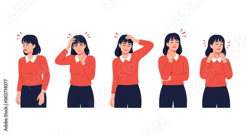 Woman experiencing various symptoms of discomfort and illness showing emotions of pain and headache