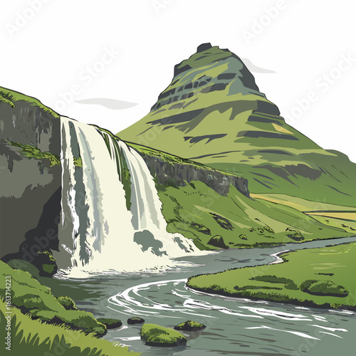 Majestic mountain waterfall cascading into a serene landscape suitable for banners and advertisements featuring vibrant natural colors and clear typography