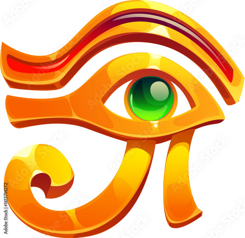 Golden Eye of Horus, features a glowing green gemstone pupil, ancient Egypt game icon, Egyptian treasure asset. Cartoon vector symbol of protection, health and wisdom, mystical and powerful artifact