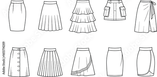 Fashion sketch collection of different skirt styles, pencil, pleated, ruffled, wrap, buttoned, mini, trendy fashion illustration, vector set