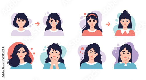 Illustrating various emotional states and physical expressions of women in a clear and simple visual presentation