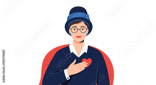 A kind individual wearing a blue hat and glasses with a red cape and a hand placed over their heart showing compassion and generosity