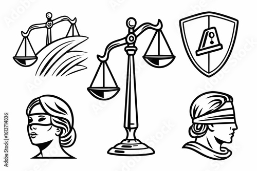 Legal Symbols Collection Scales of Justice and Lady Justice.