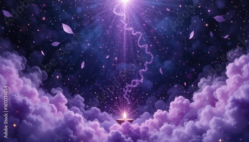 Ethereal Digital Illustration Glowing Light Source Amidst Soft Purple Clouds Floating Petals Starry Night Sky - Spirituality, Cosmic Energy, Wellness Concept Meditation Self-Care Marketing