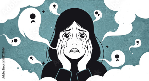 Young woman overwhelmed by fear and anxiety surrounded by sad ghostly apparitions in a dreamlike cloudscape