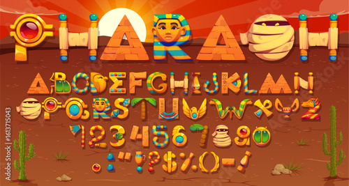 Ancient Egyptian font or pharaoh typeface and cartoon mythology type, vector arcade game alphabet. Ancient Egypt font letters of pharaoh pyramid and mummy with scarab and papyrus hieroglyphs typeface