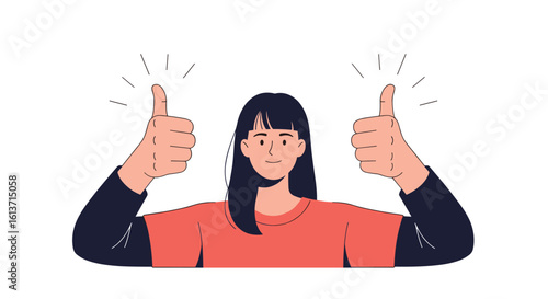 A young woman with dark hair wearing an orange shirt and black sleeves gives two enthusiastic thumbs up showing her approval with sparkles around her thumbs