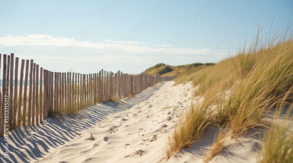 Fototapeta premium Wind-blown sand sweeps against a wooden dune fence, bright beach, coastal protection and erosion control concept