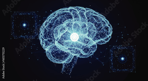 Glowing human brain, neural network, interconnected nodes, cosmic background.