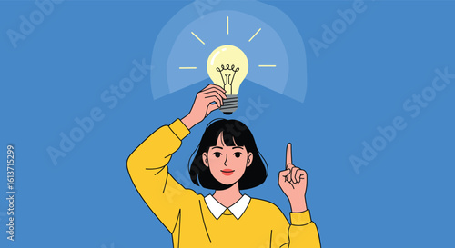 Discovering brilliant ideas a young person holding a light bulb above their head suggests innovation and creativity