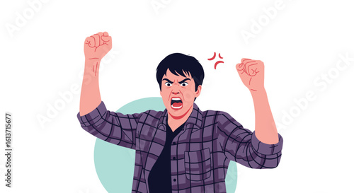 Frustrated man emotionally expressing intense anger shouting loudly with both fists raised high