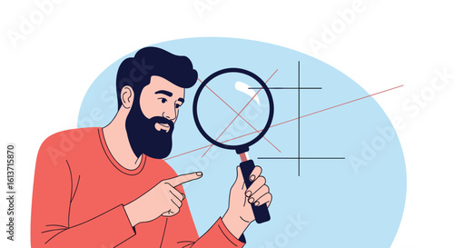 A focused man inspects complex data through a magnifying glass examining lines and symbols closely understanding information