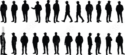 Silhouettes of young man in cap standing, walking, posing in different angles, casual clothing, isolated black vector illustration