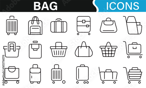 Vector Icons of Travel Bags, Backpacks, and Luggage for Designs
