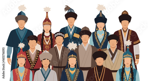 A collective portrait of nomadic peoples showcasing their vibrant traditional attire and cultural heritage through distinctive headwear and elaborate garments