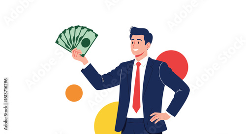 Successful businessman proudly displays a fan of cash illustrating financial prosperity and achievement in business