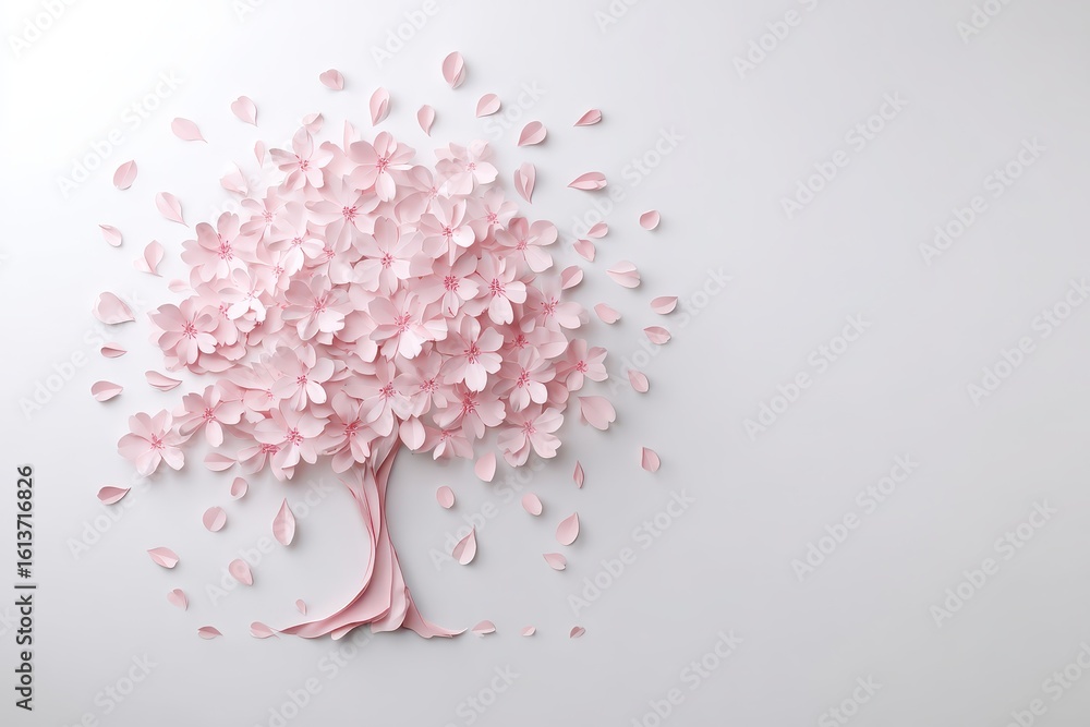 Fototapeta premium Pink Paper Tree with Petals on White Background for Spring and Nature Themes