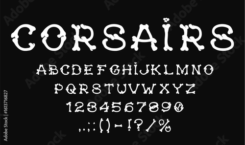 Skeleton bones font for pirate bone letters type or day of the dead typeface, vector scary alphabet. Font of skeleton bones, English alphabet typography and ABC type for pirate corsair bone letters