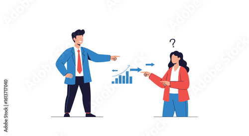 Two business professionals disagreeing on a financial graph and data analysis presentation