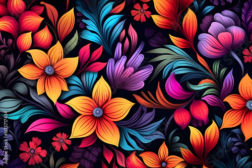 Wallpaper Mural Bold and exotic floral pattern on dark background Torontodigital.ca