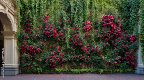 Rose-covered wall, lush greenery